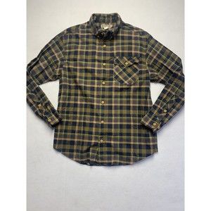Duluth Trading Shirt Mens Medium Button Down Relaxed Fit Blue and Gold Plaid